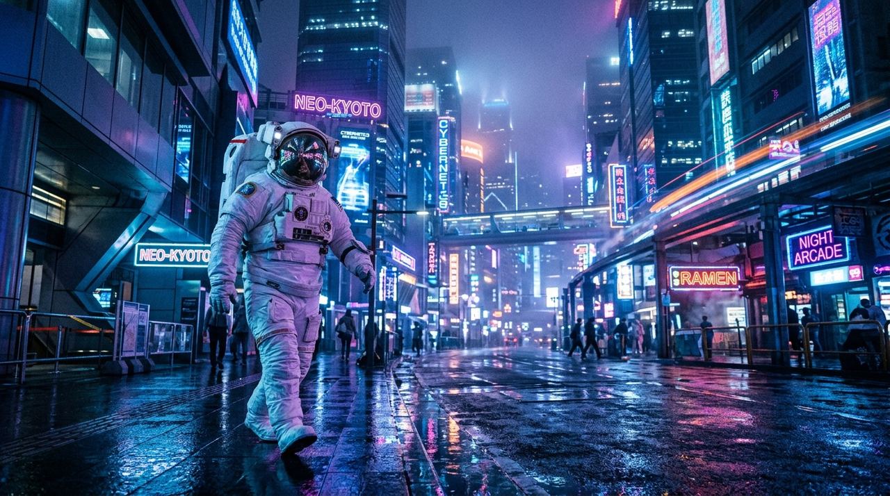 Cinematográfico — Texto → Vídeo: Um astronauta caminhando por uma cidade futurista à noite, luzes neon refletindo no chão molhado, câmera cinematográfica, iluminação realista.
