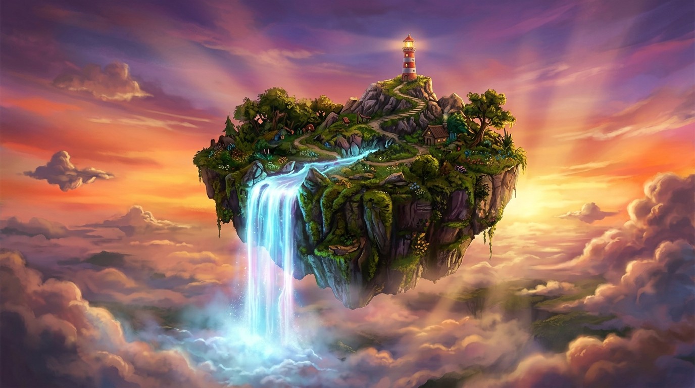 Ilustração — Texto → Imagem: Uma ilha futurista flutuando sobre o mar ao pôr do sol, cachoeiras, arquitetura orgânica, estilo pintura digital.