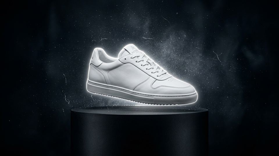 Produto — Publicidade com IA: Um tênis premium girando em um estúdio escuro, iluminação dramática, partículas flutuando, estilo comercial de luxo.