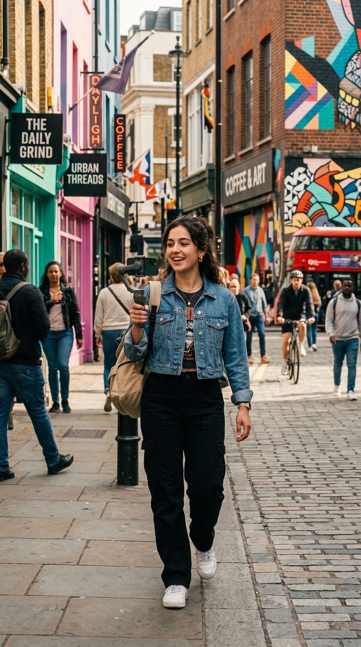 Redes sociais — Vídeo vertical: Criador de conteúdo caminhando em uma cidade vibrante, vídeo vertical, estilo lifestyle urbano, iluminação cinematográfica.