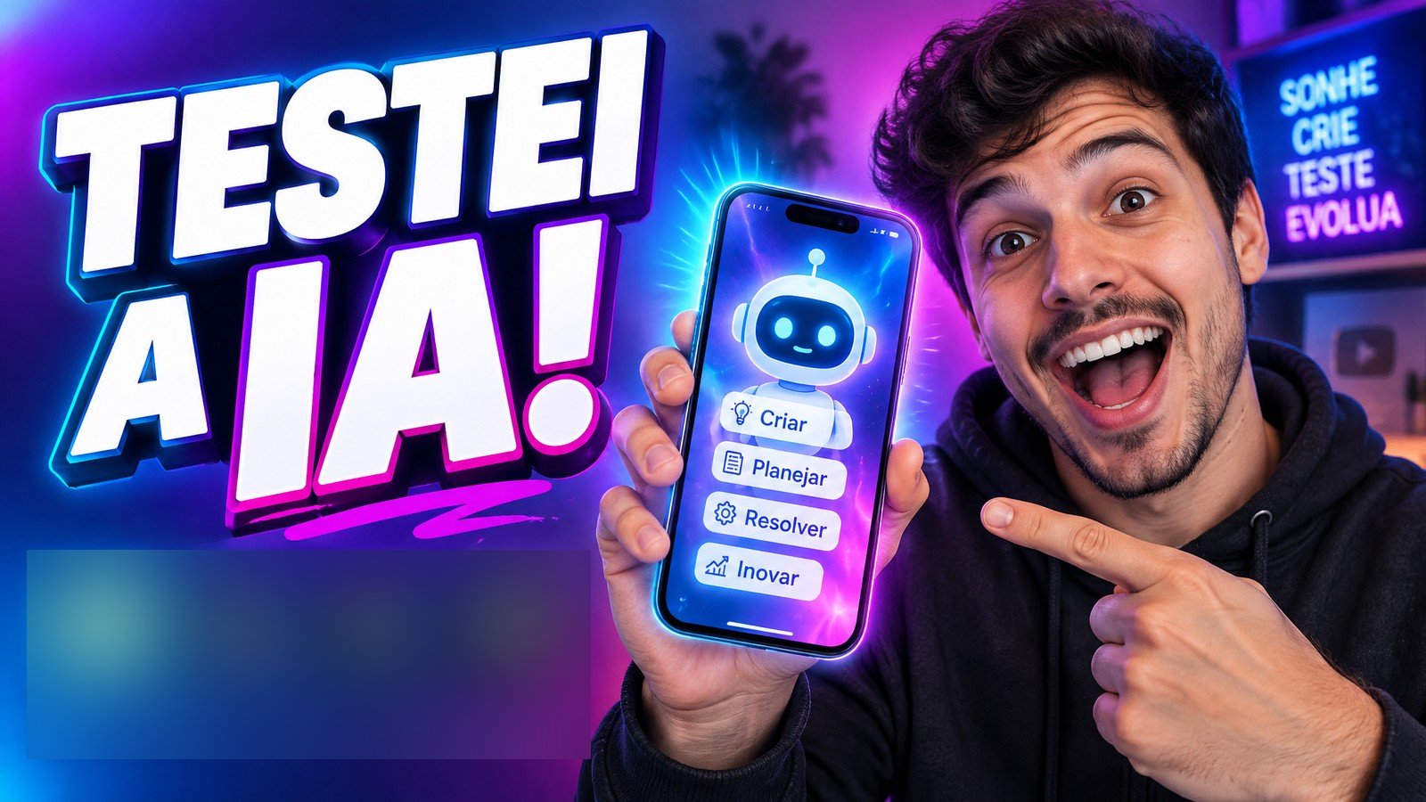 Thumbnail — YouTube: Criador surpreso apontando para o celular, cores vibrantes, alto contraste, título chamativo.